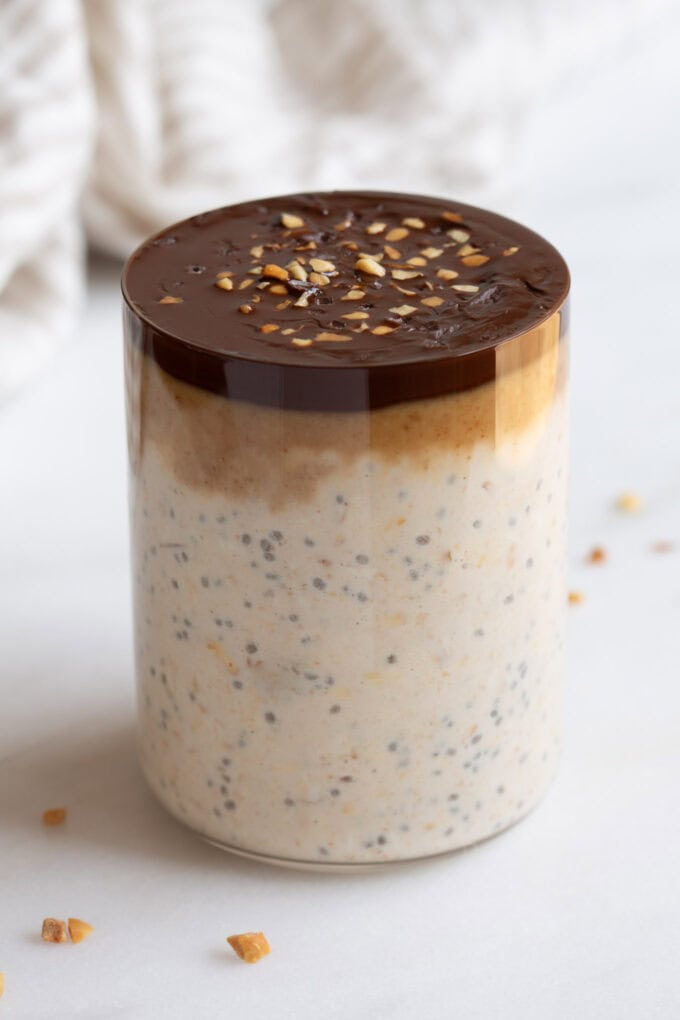 snickers overnight oats in a cup