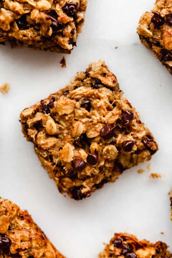 a banana oatmeal bar with chocolate chips